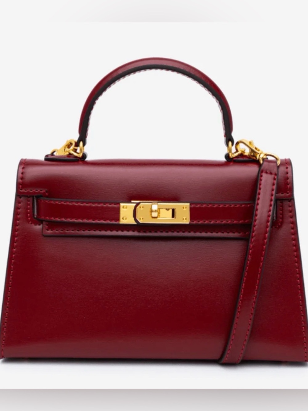 Structured Leather Top-Handle Bag in Deep Wine Red